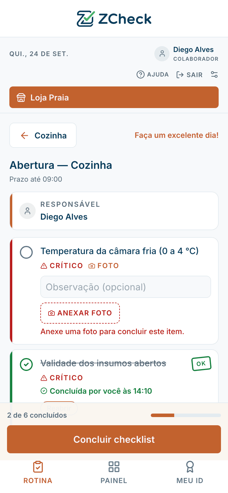 Checklist de abertura da cozinha da Loja Praia no celular: 2 de 6 tarefas feitas e a câmara fria, crítica e com foto obrigatória, ainda por fazer.