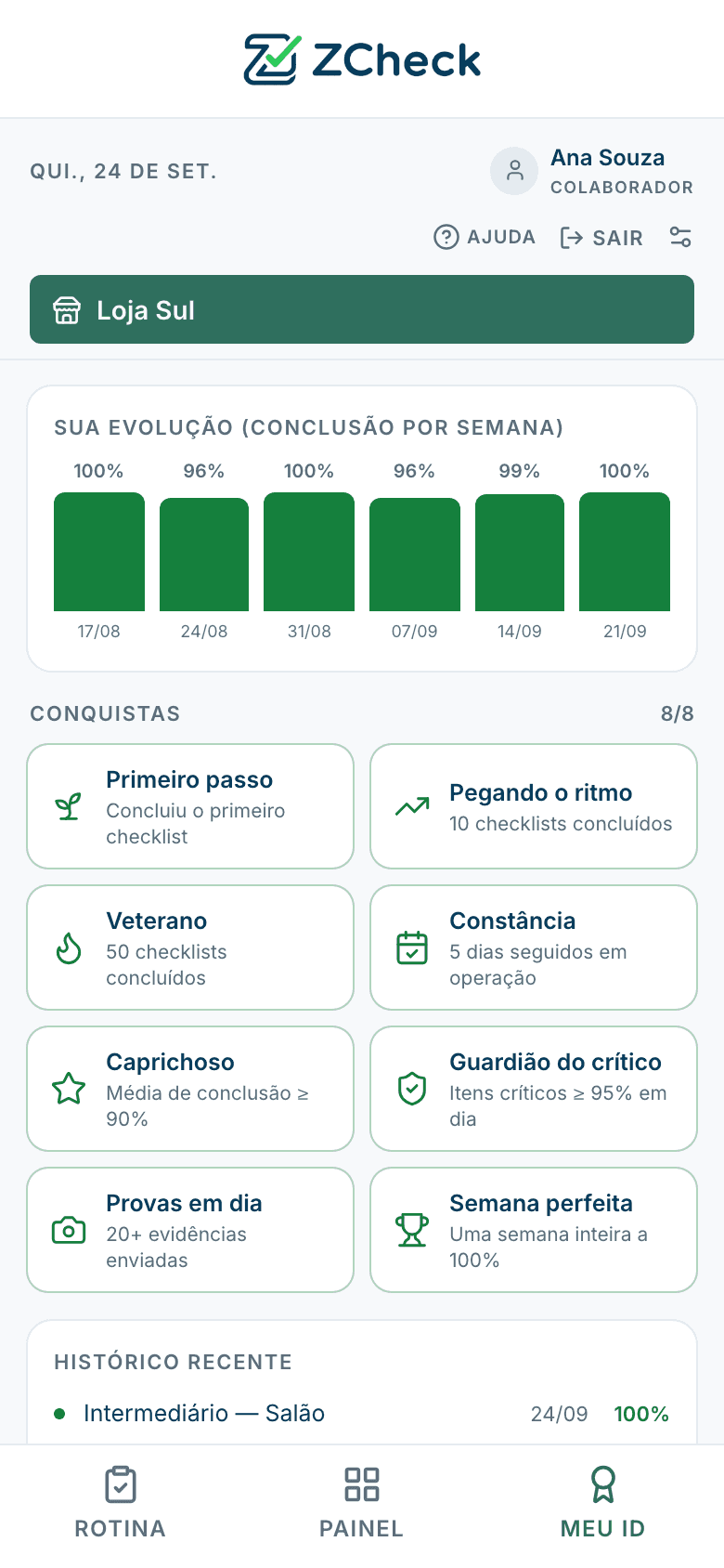 Aba Meu ID de uma colaboradora: a conclusão semana a semana e as conquistas desbloqueadas, como Veterano, Guardião do crítico e Semana perfeita.